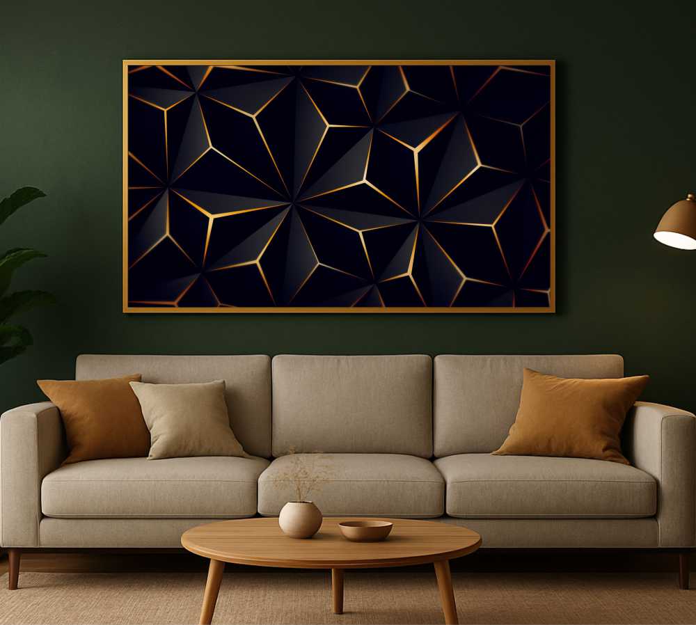 Quadro Decorativo Abstrato Geométrico Tridimencional Preto e Dourado